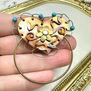 Vintage Jewelry Copper Turquoise Heart Brooch Pin